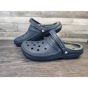 Crocs Classic Lined Clog Navy Blue Charcoal Fur Fuzzy Men's Size 15 Big Tall